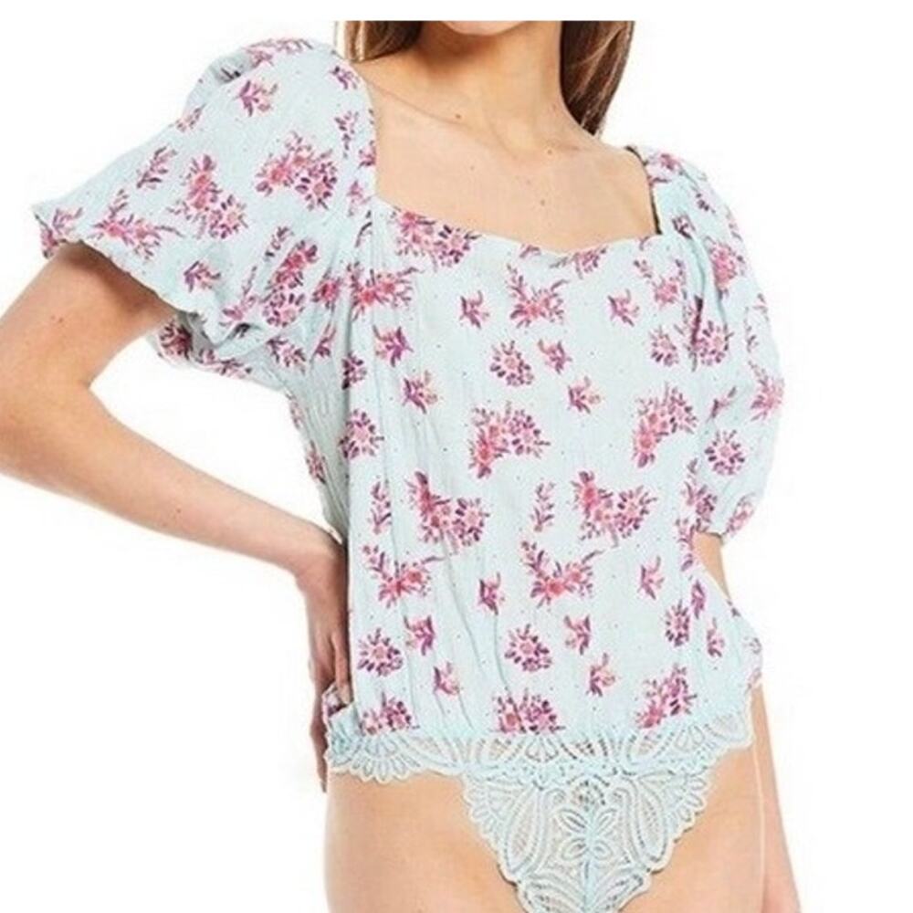 Free People Intimately Bodysuit Top Mint Floral Puff Sleeve Women’s S